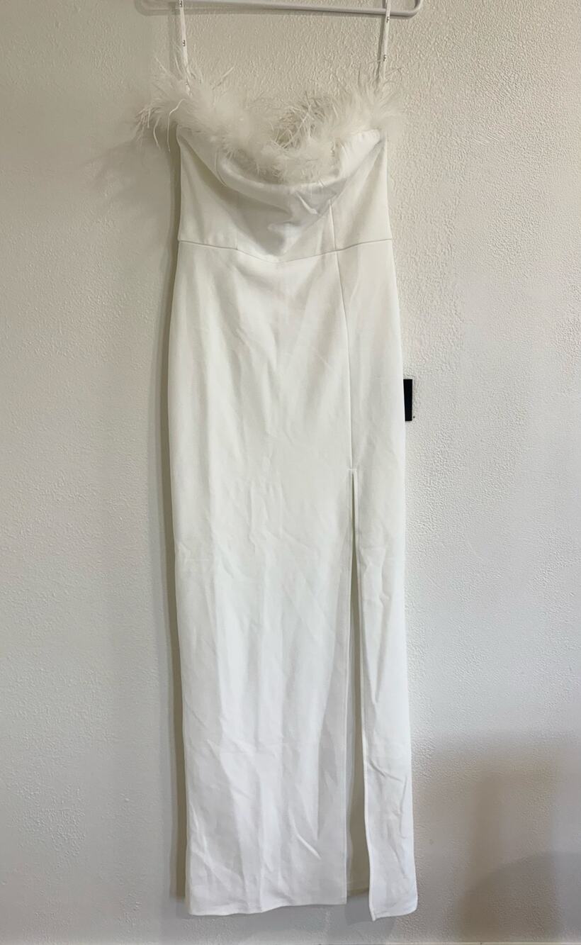 NWT Lulus White Feather Trim Slit Midi Dress Bridal Cocktail Size Small